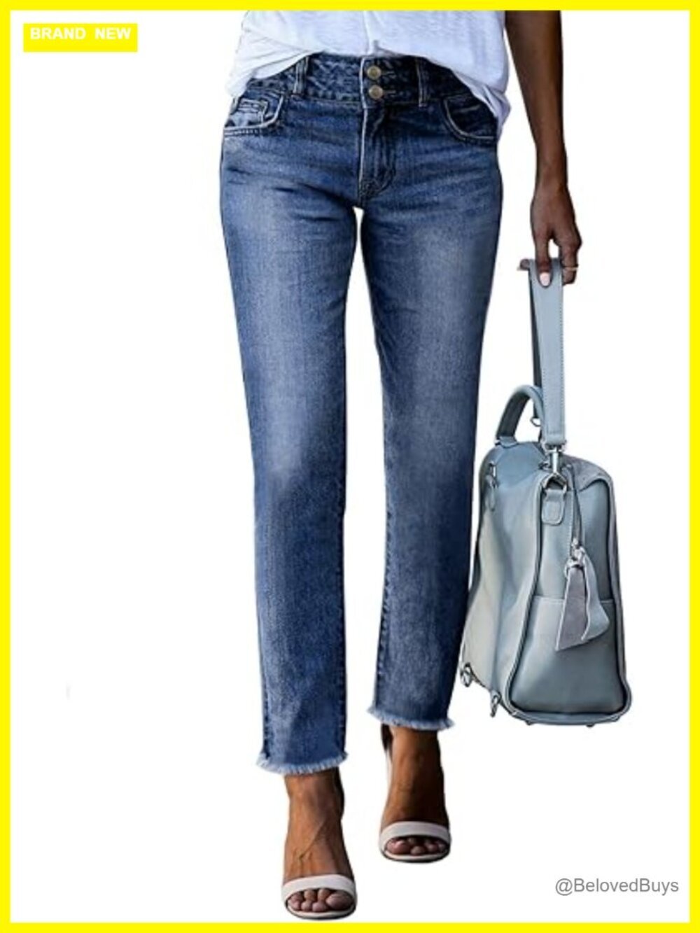 High Waisted Straight Leg Raw Hem Jeans with Pockets